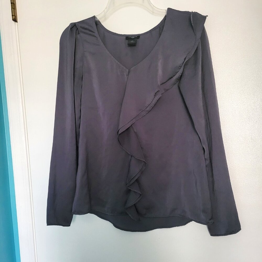 Ann Taylor Gray Ruffle Front Long Sleeve Blouse